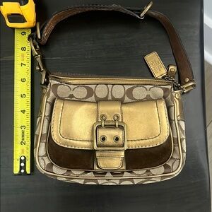 Coach Gold and Brown Shoulder Bag with Signature Pattern
